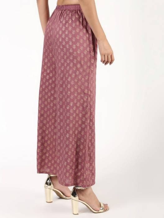 Aniyah Rayon Block Print Flared Pink Palazzo Dusty (AN-158K) | Grocsy
