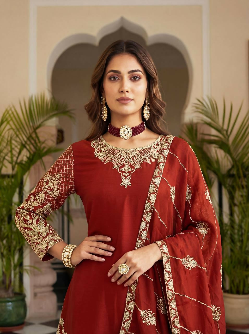 Joban Fashion Red Silk Embroidered Sharara Set | Grocsy
