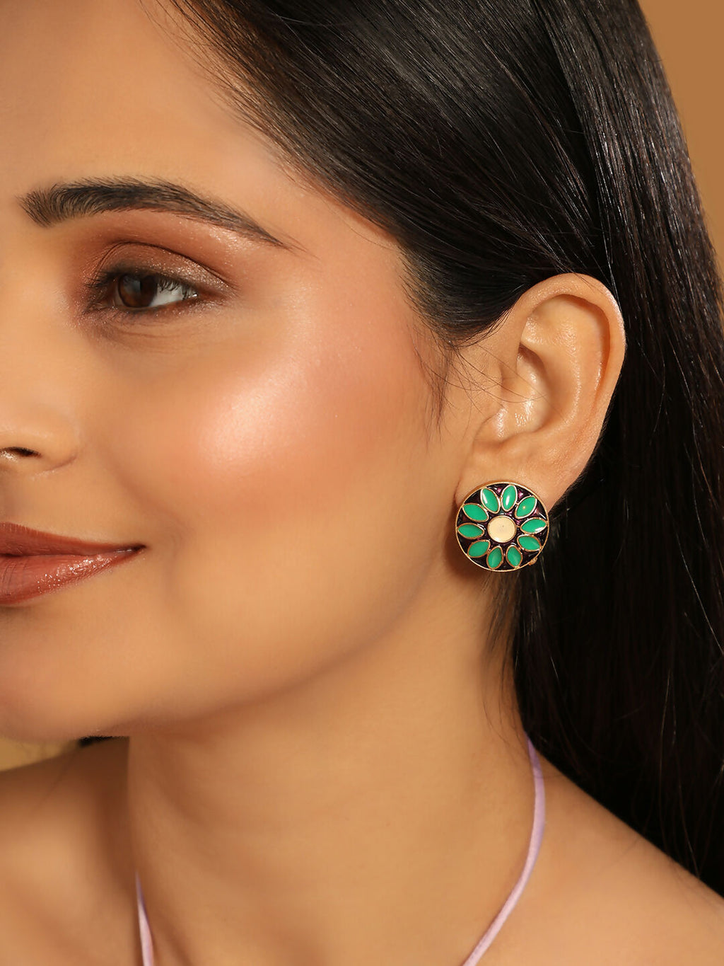 Nuyug 22K Gold Plated Circular Shaped Sea Green Enamelled Floral Motif Studs | Grocsy