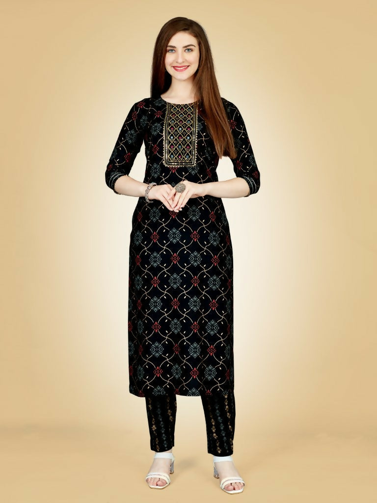 Jyoti Fashion Women's Black Viscose Rayon Embroidered Kurta Pant Set | Grocsy