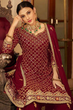 Maroon Heavy Chinon Semi Stitched Kurta with Bottom & Dupatta - Dhvani | Grocsy