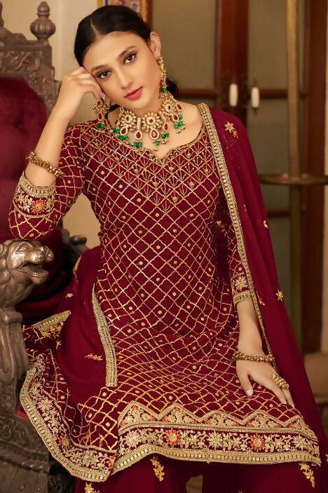 Maroon Heavy Chinon Semi Stitched Kurta with Bottom & Dupatta - Dhvani | Grocsy