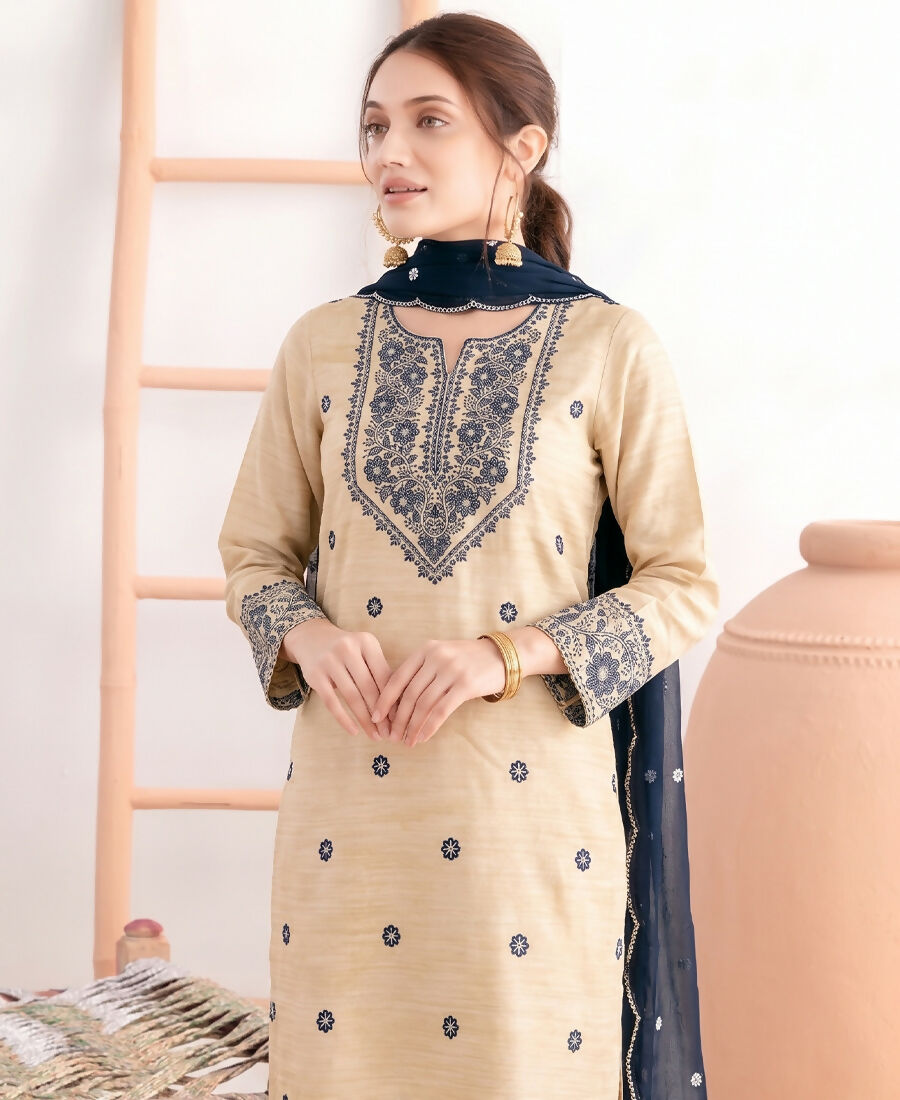 KC Khadi Cotton White Suit With Blue Dupatta 3 Piece Pair For Women | Grocsy