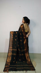 Exclusive Collection Beautiful Black Cotton Silk Woven Handloom Saree With Running Blouse Piece | Grocsy