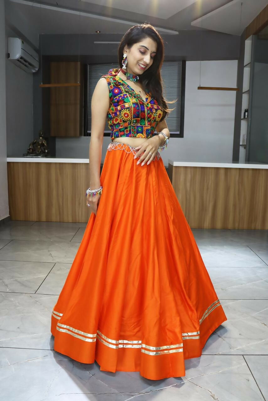 Yash Enterprise Orange Rayon Cotton Embroidery Semi Stitched Navratri Chaniya Choli | Grocsy