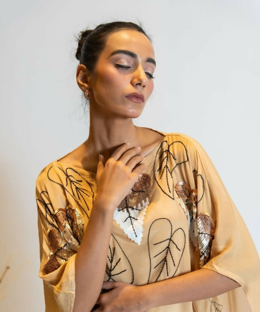 Timaraa Camel Beige To Ivory Ombre Embellished Kaftan Dress | Grocsy
