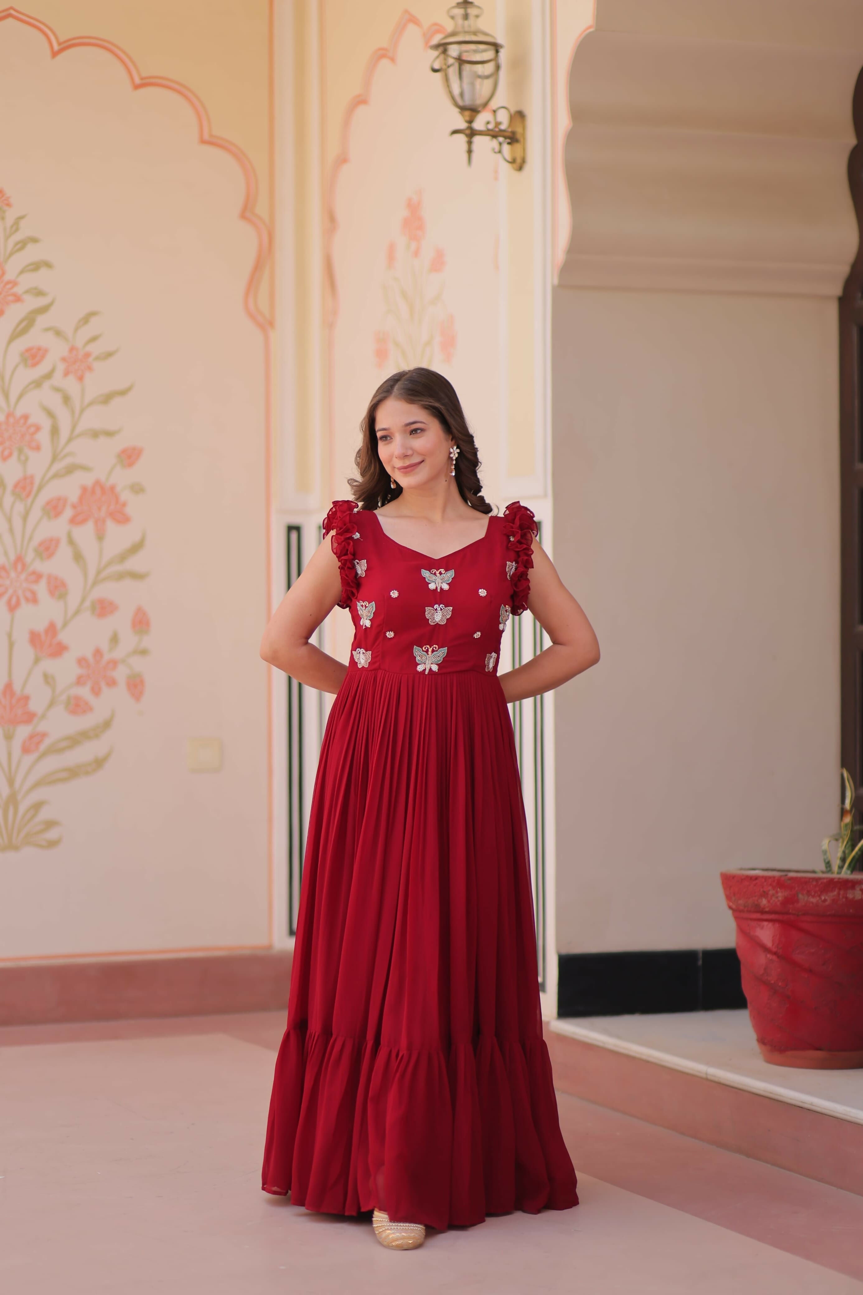 Vastranavya Maroon Faux Blooming With Sequins Multithreaded Beads Embroidered work Gown | Grocsy
