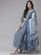 Yufta Women Blue Floral Yoke Design Angrakha Pure Cotton Kurta with Trouser With Dupatta | Grocsy