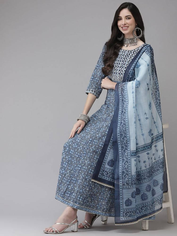 Yufta Women Blue Floral Yoke Design Angrakha Pure Cotton Kurta with Trouser With Dupatta | Grocsy