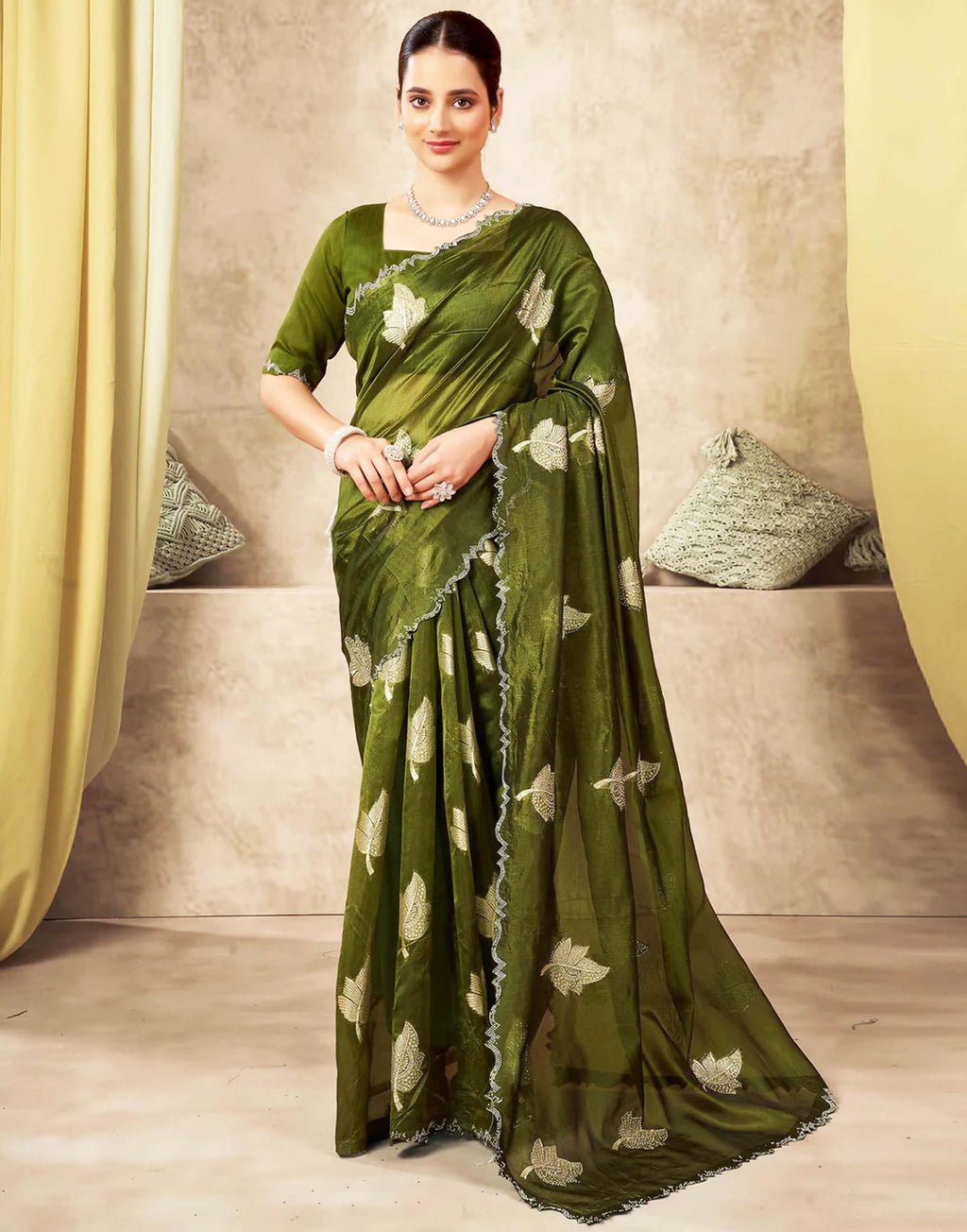 Joban Fashion Olive Green & Golden Silk Blend Embroidery Saree | Grocsy