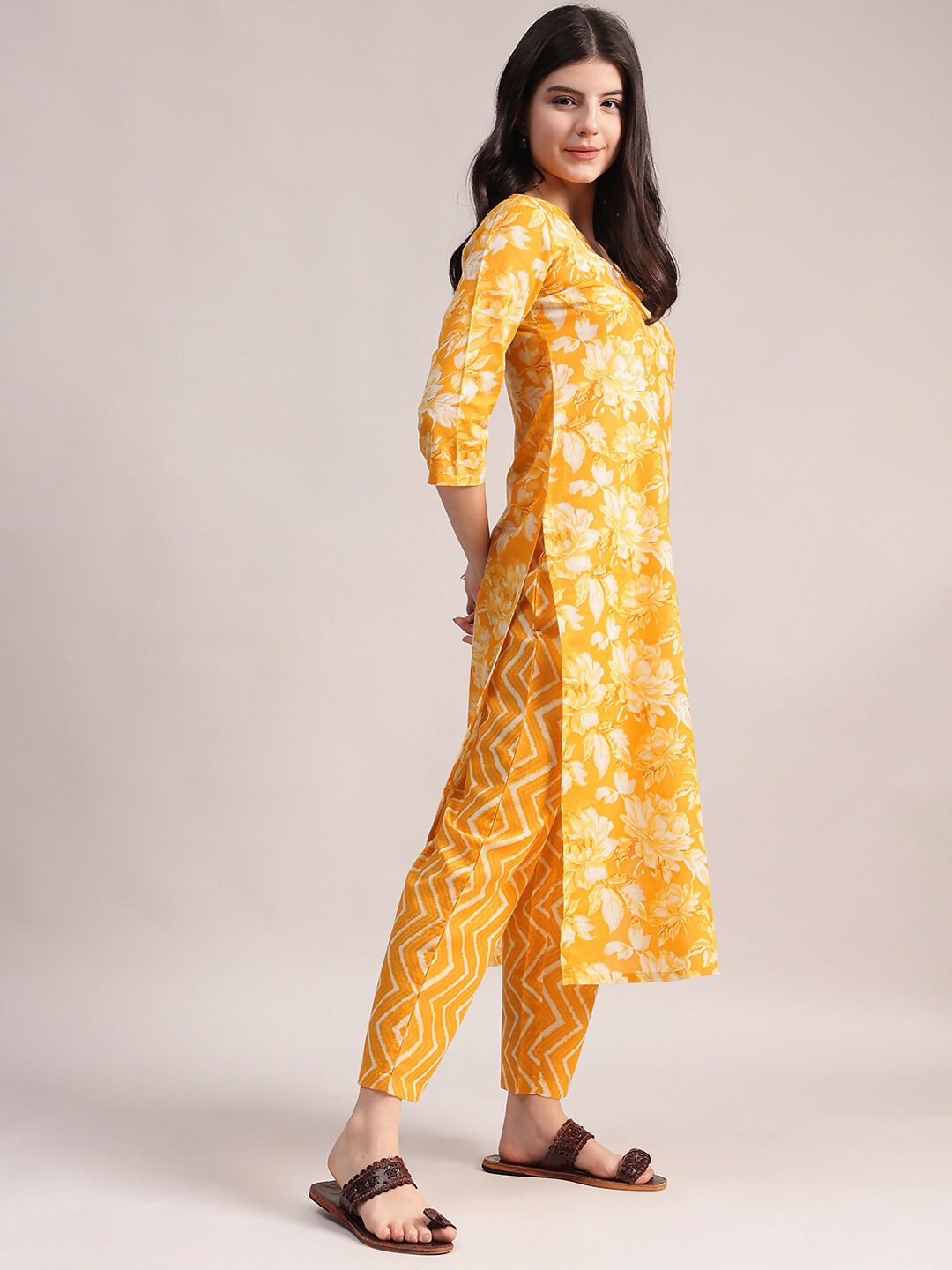 Aavyora Women Mustard Yellow Floral Printed Kurta with Chevron Printed Pants & Dupatta Set | Grocsy