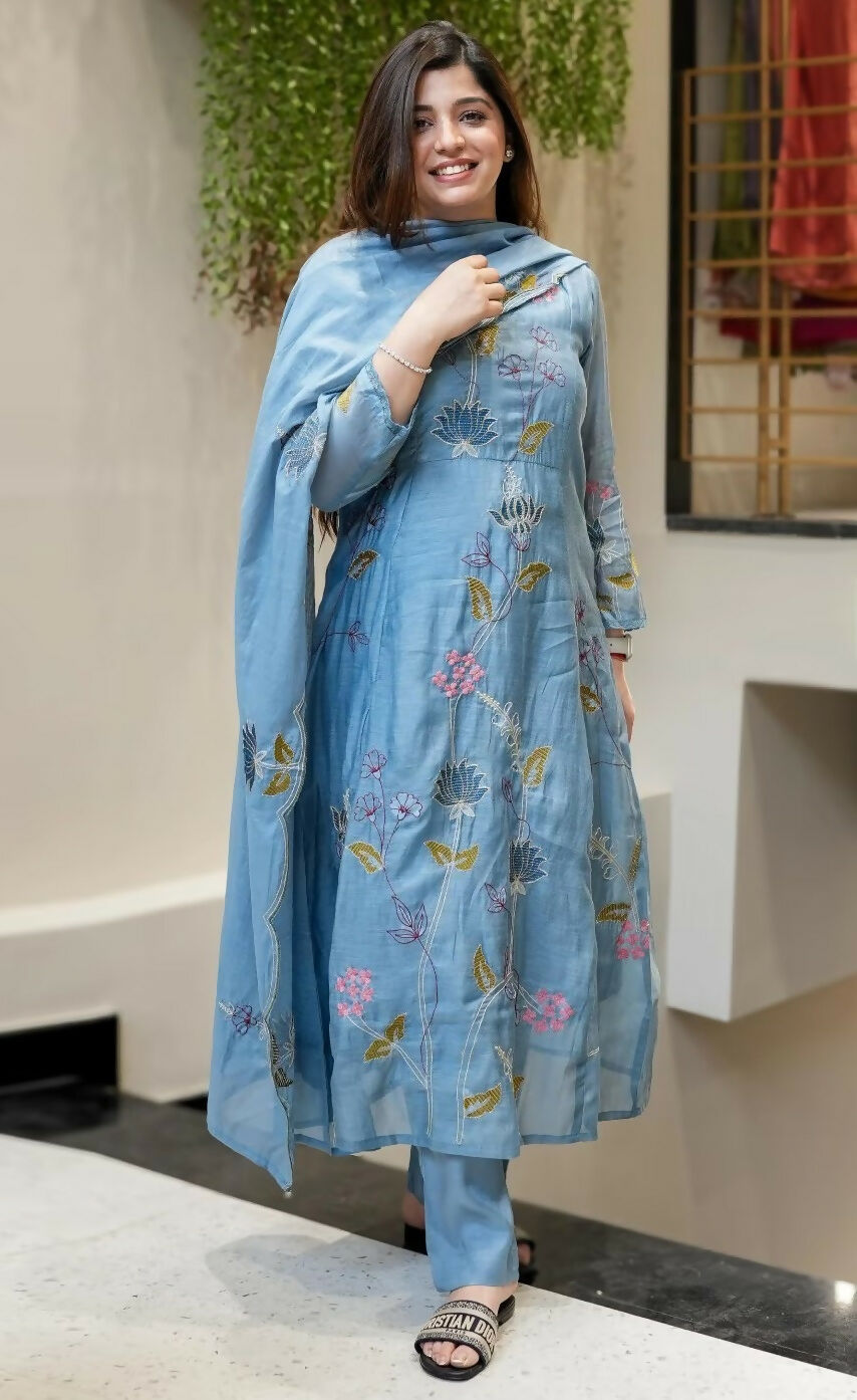 The52 Blue Women's Beautiful Cotton Fabric Thread Work Straight Kurta, Pant and Dupatta Set | Grocsy