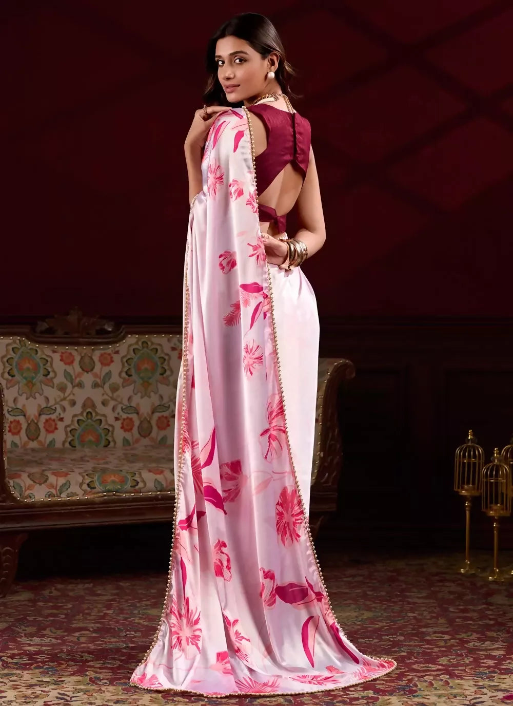 Vastranavya Baby Pink Satin Silk Floral Printed with Pearl Lace Saree with Unstitched Blouse | Grocsy