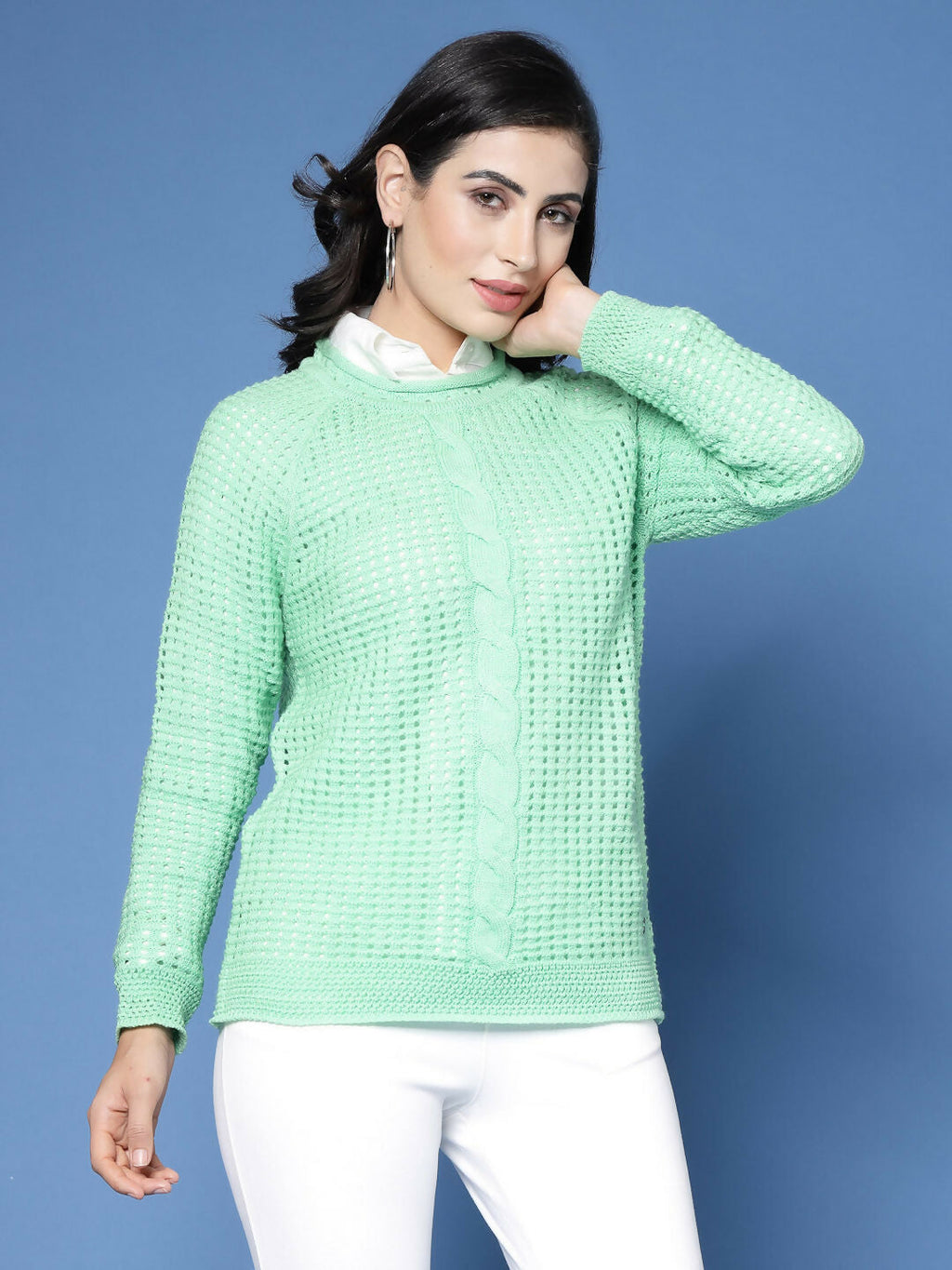 Women Green Acrylic Pointele Sweater - Wool Trees | Grocsy