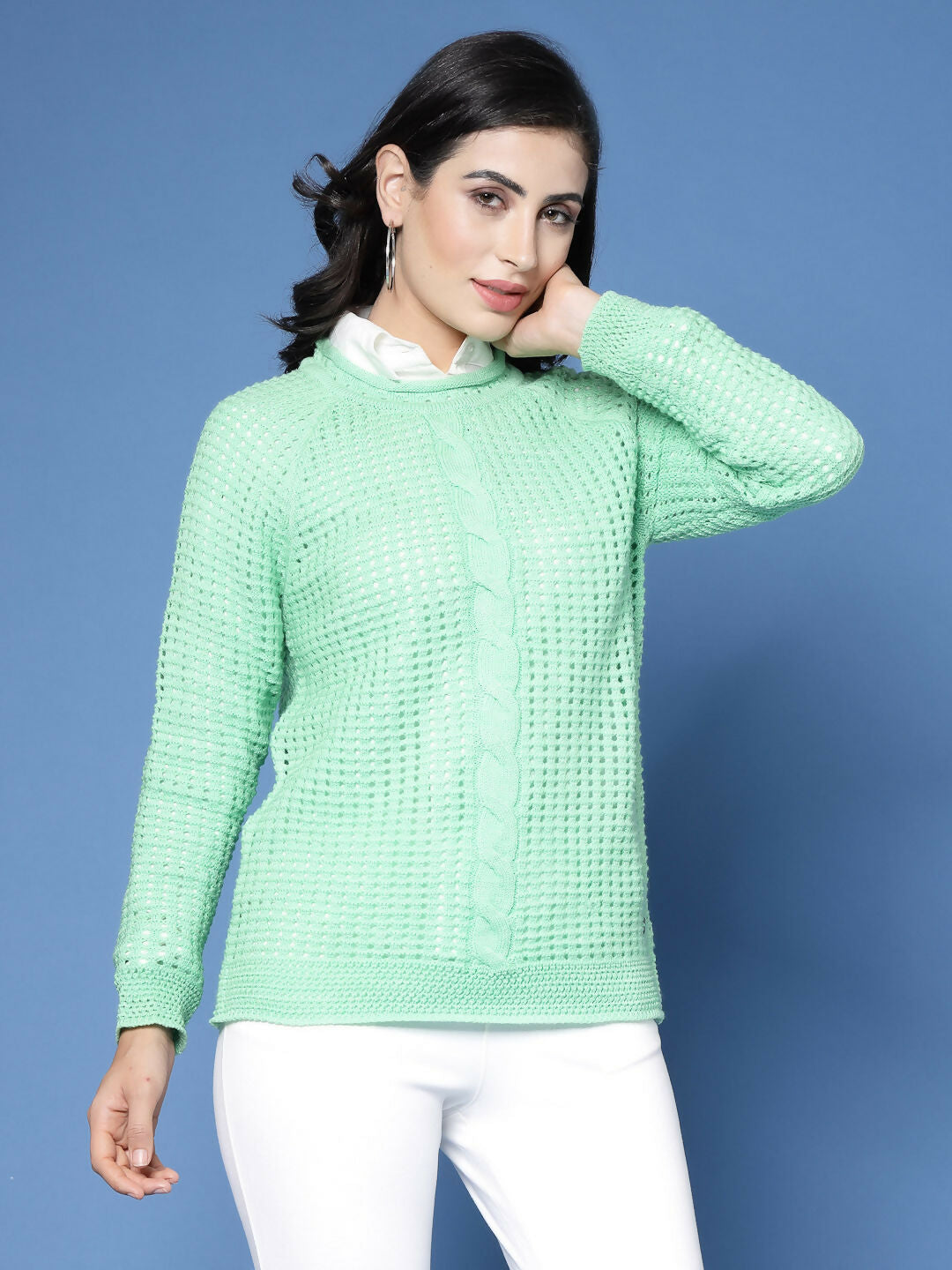 Women Green Acrylic Pointele Sweater - Wool Trees | Grocsy