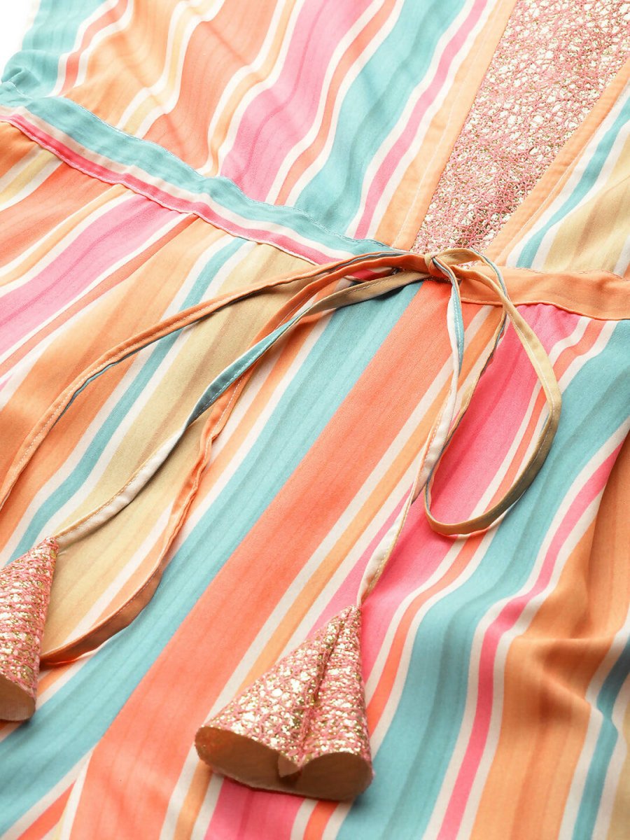 Ahalyaa Coral Orange & Blue Candy Striped Basic Jumpsuit | Grocsy
