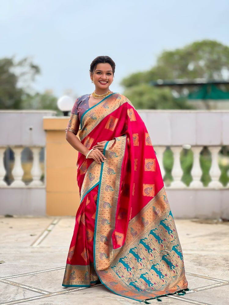 PR Fashion Rani Pink Soft Banarasi Silk With Zari Weaving Meenakari Design Saree | Grocsy