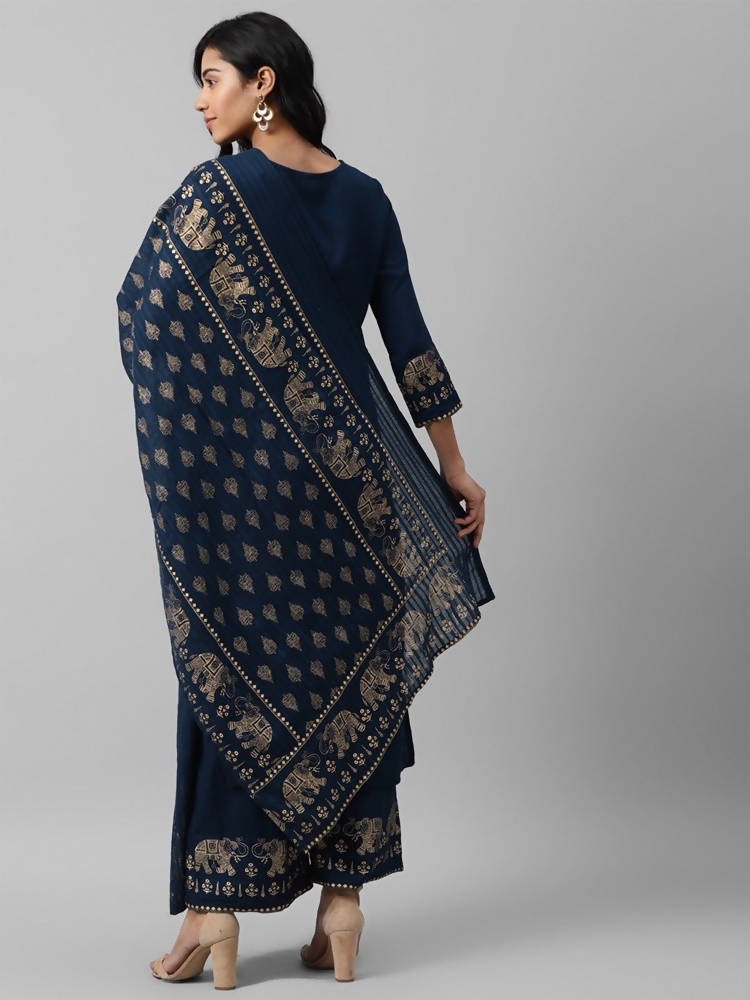 Yufta Women Navy Blue And Golden Pure Cotton Solid Kurta with Palazzo and Dupatta | Grocsy