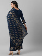 Yufta Women Navy Blue And Golden Pure Cotton Solid Kurta with Palazzo and Dupatta | Grocsy