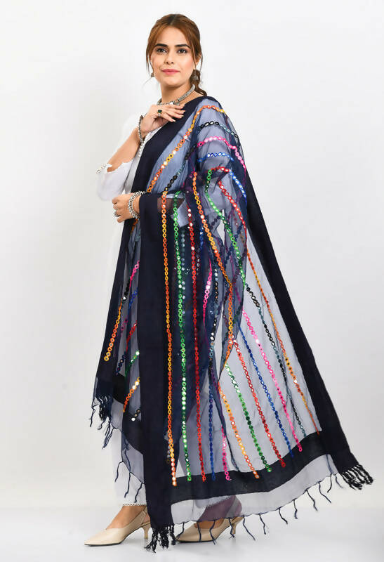 Mominos Fashion Moeza Women's Orgenza Multi Thread Mirror Work Navy Blue Dupatta | Grocsy