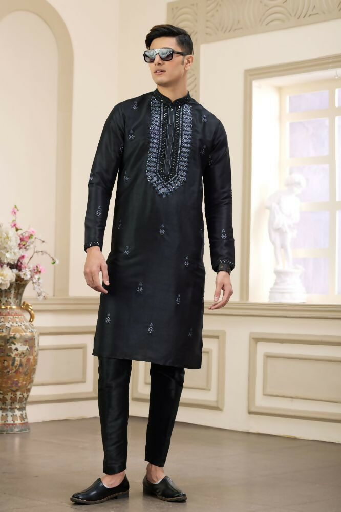 Raivat Ethnic Banarasi Art Silk Thread and Mirror Work Kurta Pajama In Black Colour | Grocsy