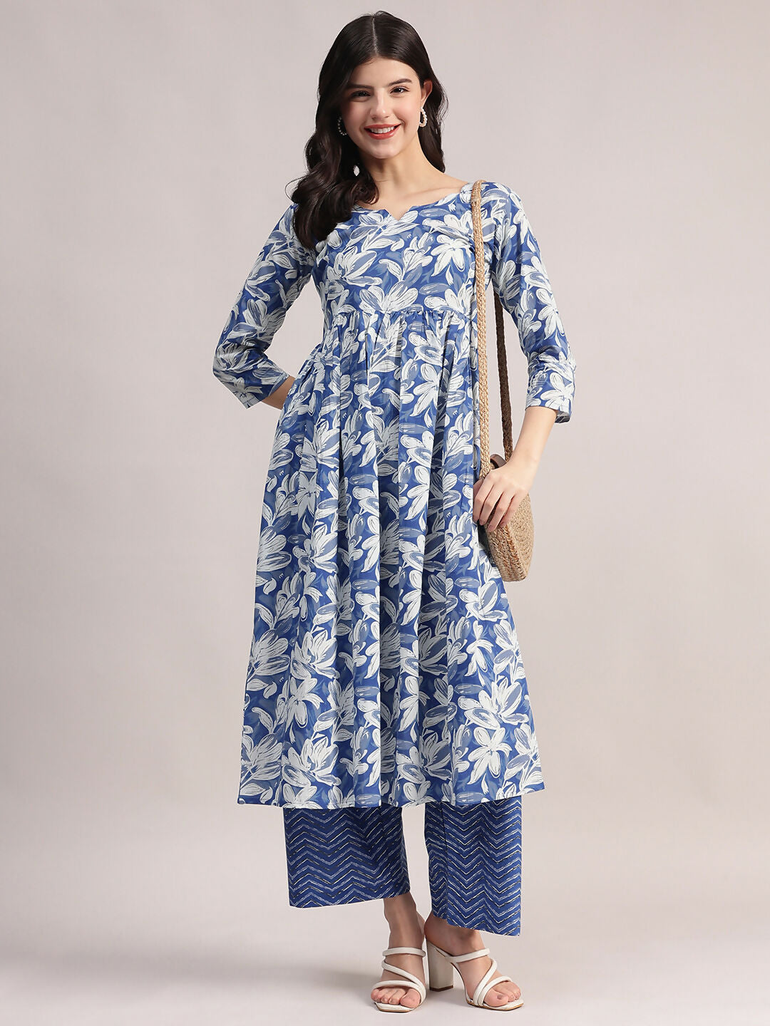 Aavyora Women's Blue Floral Printed Cotton Kurta with Chevron Pattern Palazzo Set | Grocsy