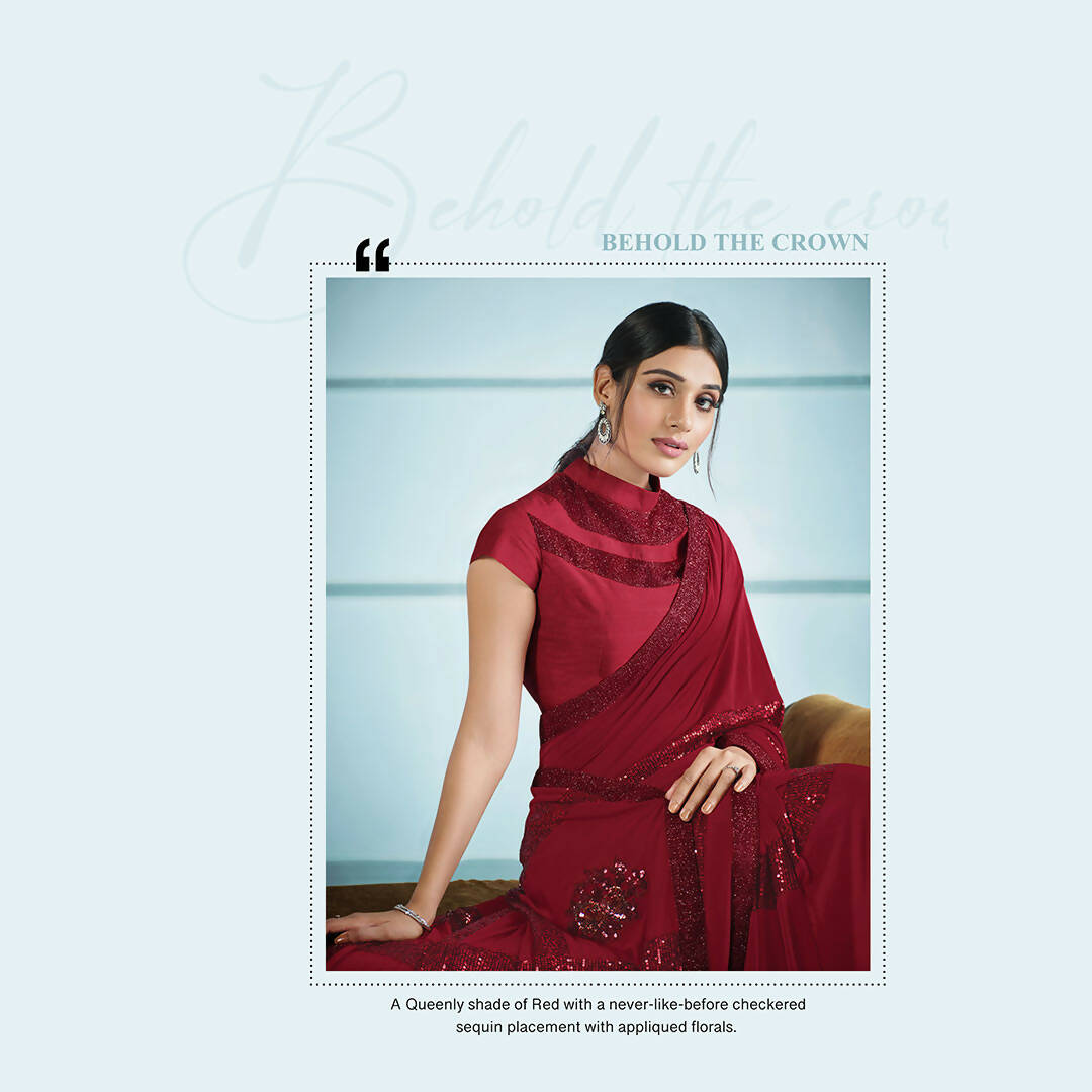 Red Lycra Sequence Embroidery Saree with Unstitched Blouse Piece - Norita Elaura | Grocsy
