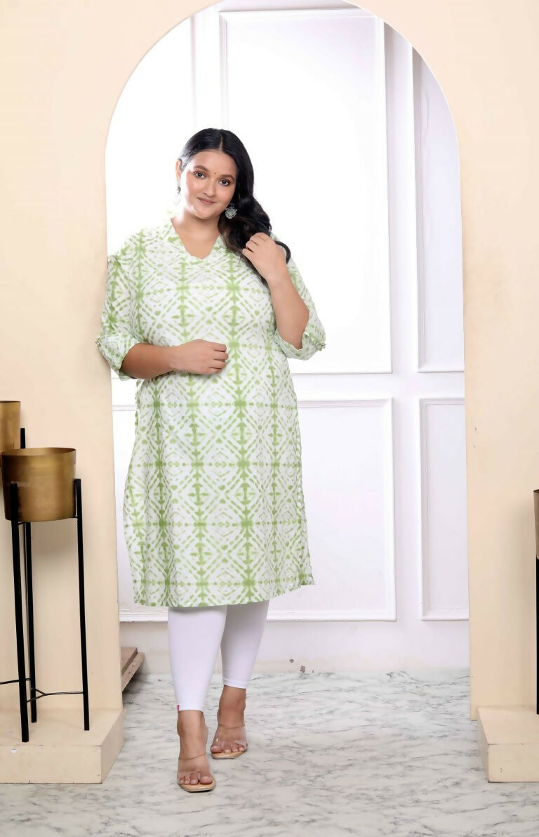 Miravan Women's Plus Size White And Green Tie Dye Cotton Kurti | Grocsy