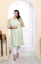 Miravan Women's Plus Size White And Green Tie Dye Cotton Kurti | Grocsy