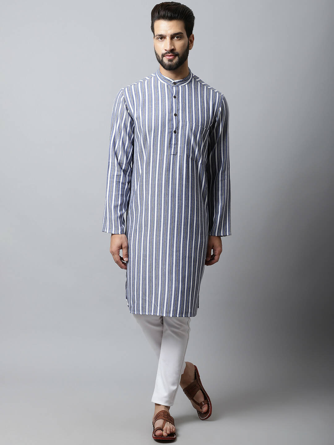 Even Apparels Blue Color Pure Cotton Men's Kurta With Band Collar (STR1168) | Grocsy