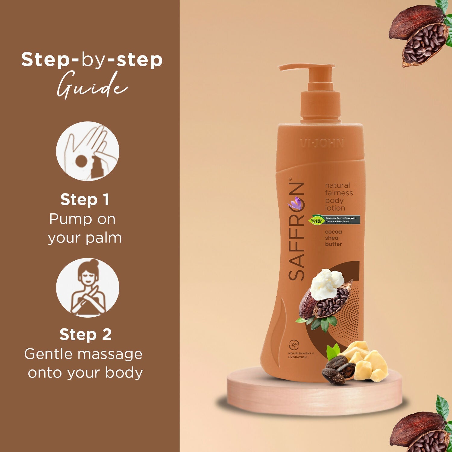 VI-JOHN Saffron Natural Fairness Body Lotion Cocoa Shea Butter Deep Nourishment Soft, Glowing Skin For All Skin Types | Grocsy