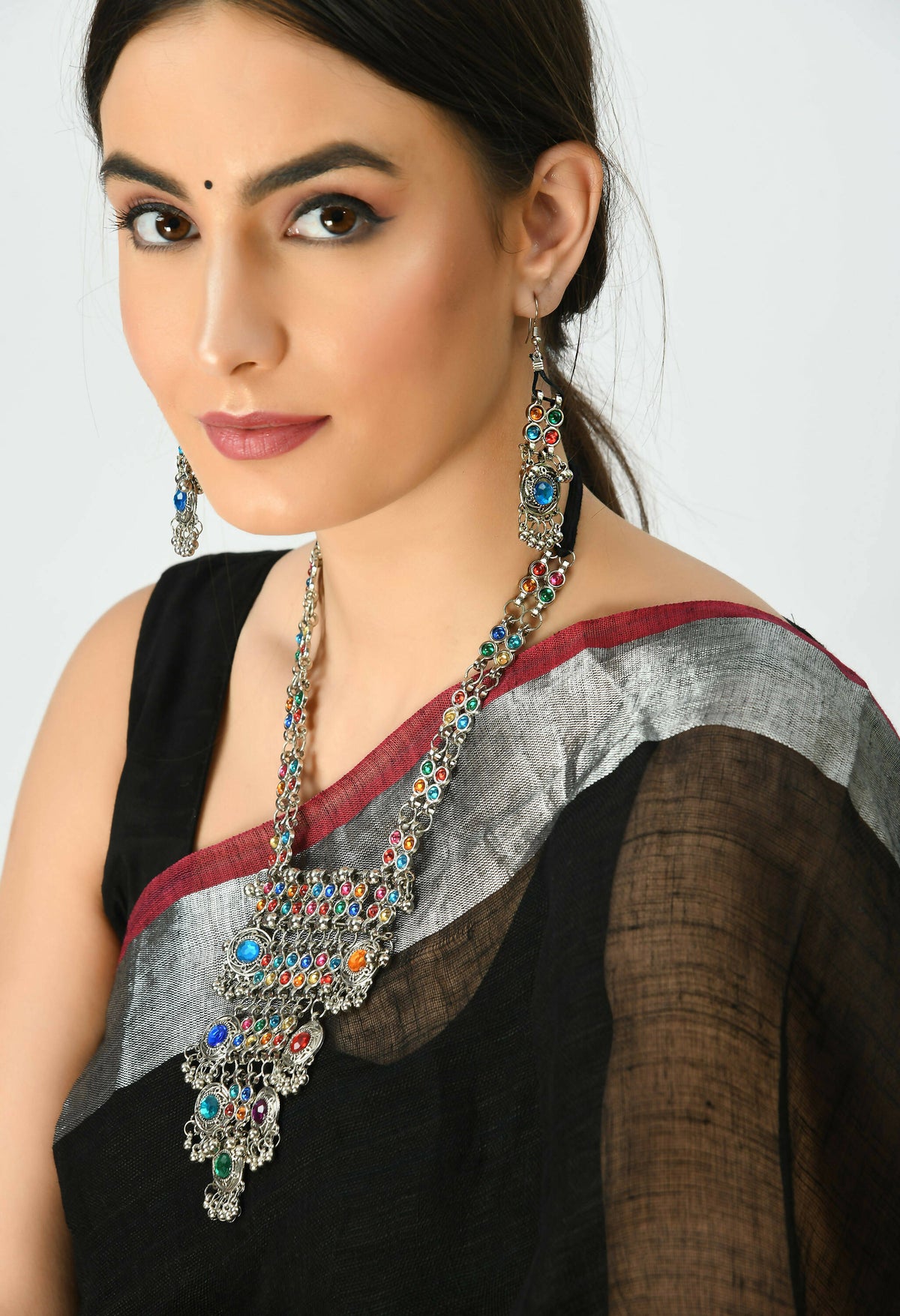 Mominos Fashion Johar Kamal Oxidised Silver-Plated Brass Finish Multi Kundan Afghani Long Necklace For Women | Grocsy
