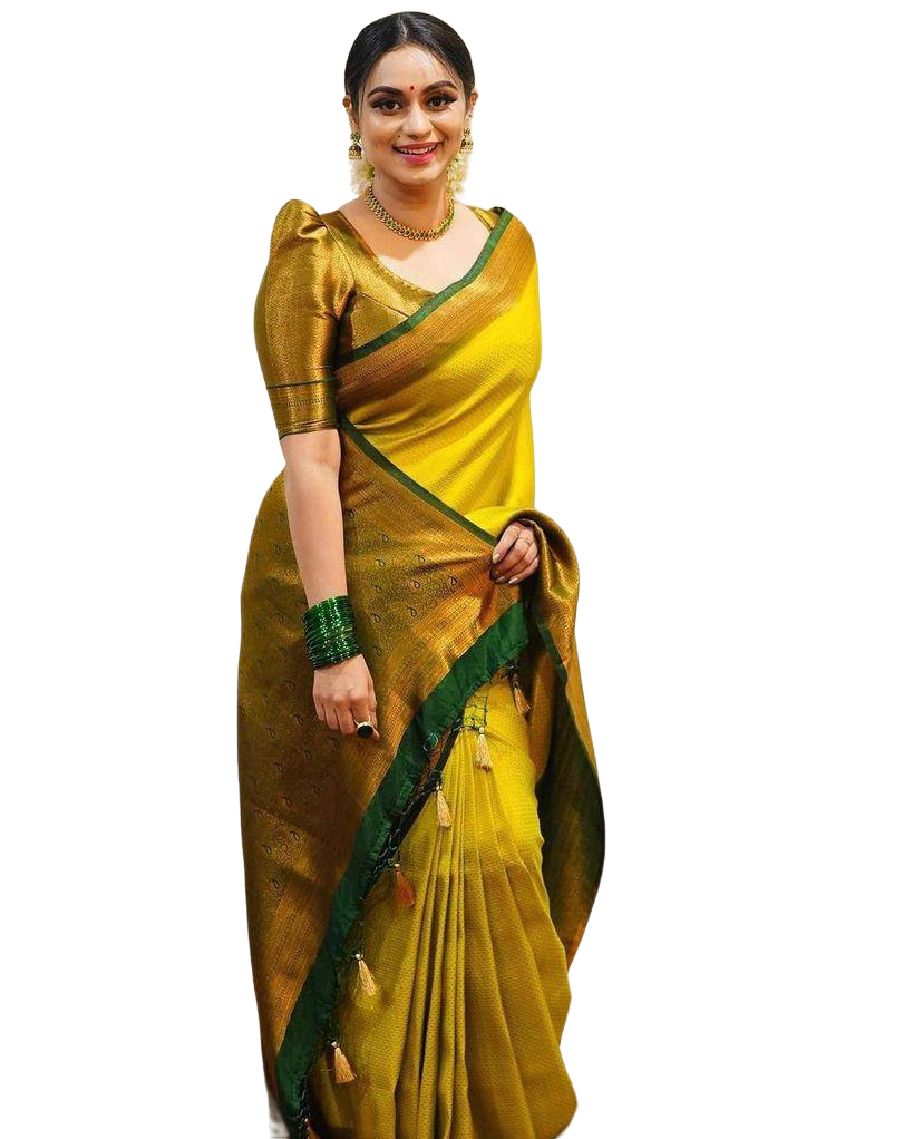 Vamika Weaving Banarasi Jacquard Yellow Kanjivaram Saree | Grocsy