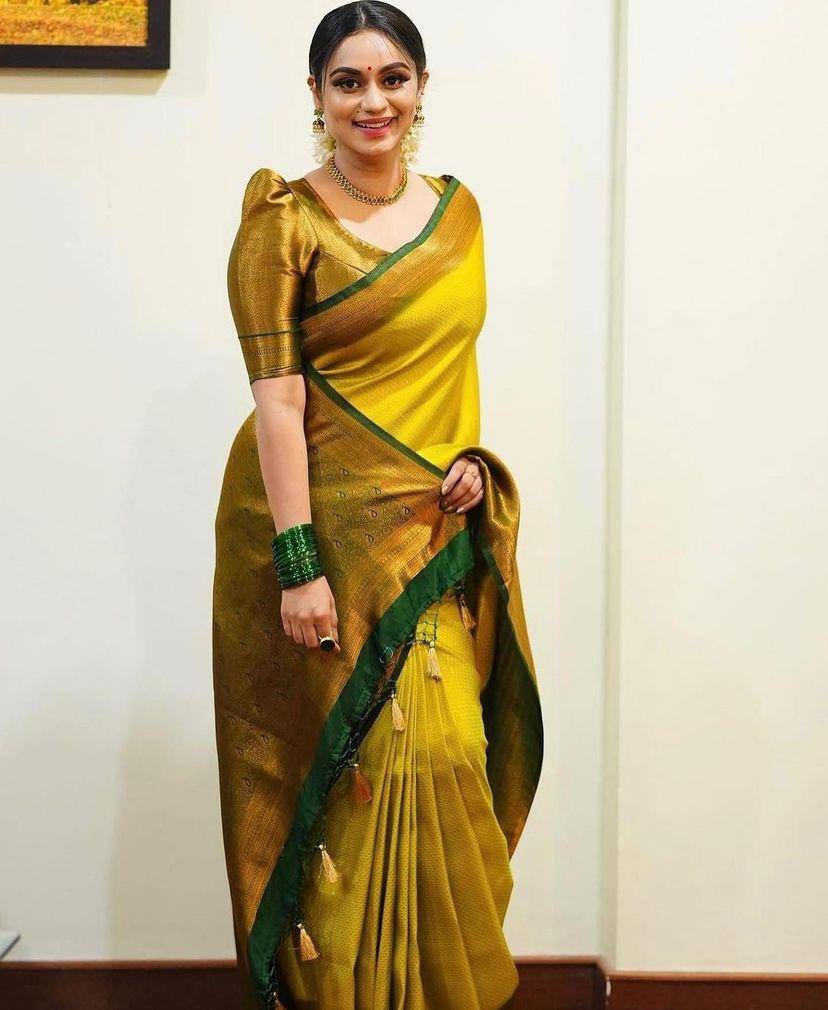 Vamika Weaving Banarasi Jacquard Yellow Kanjivaram Saree | Grocsy
