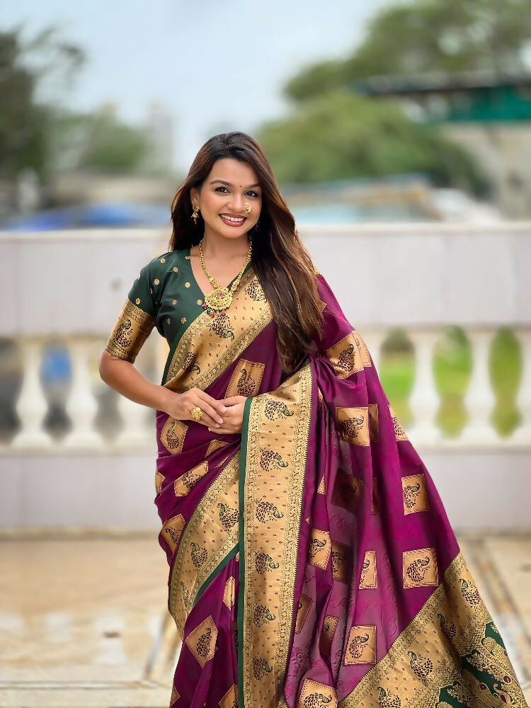 PR Fashion Wine Soft Banarasi Silk With Zari Weaving Meenakari Design Saree | Grocsy