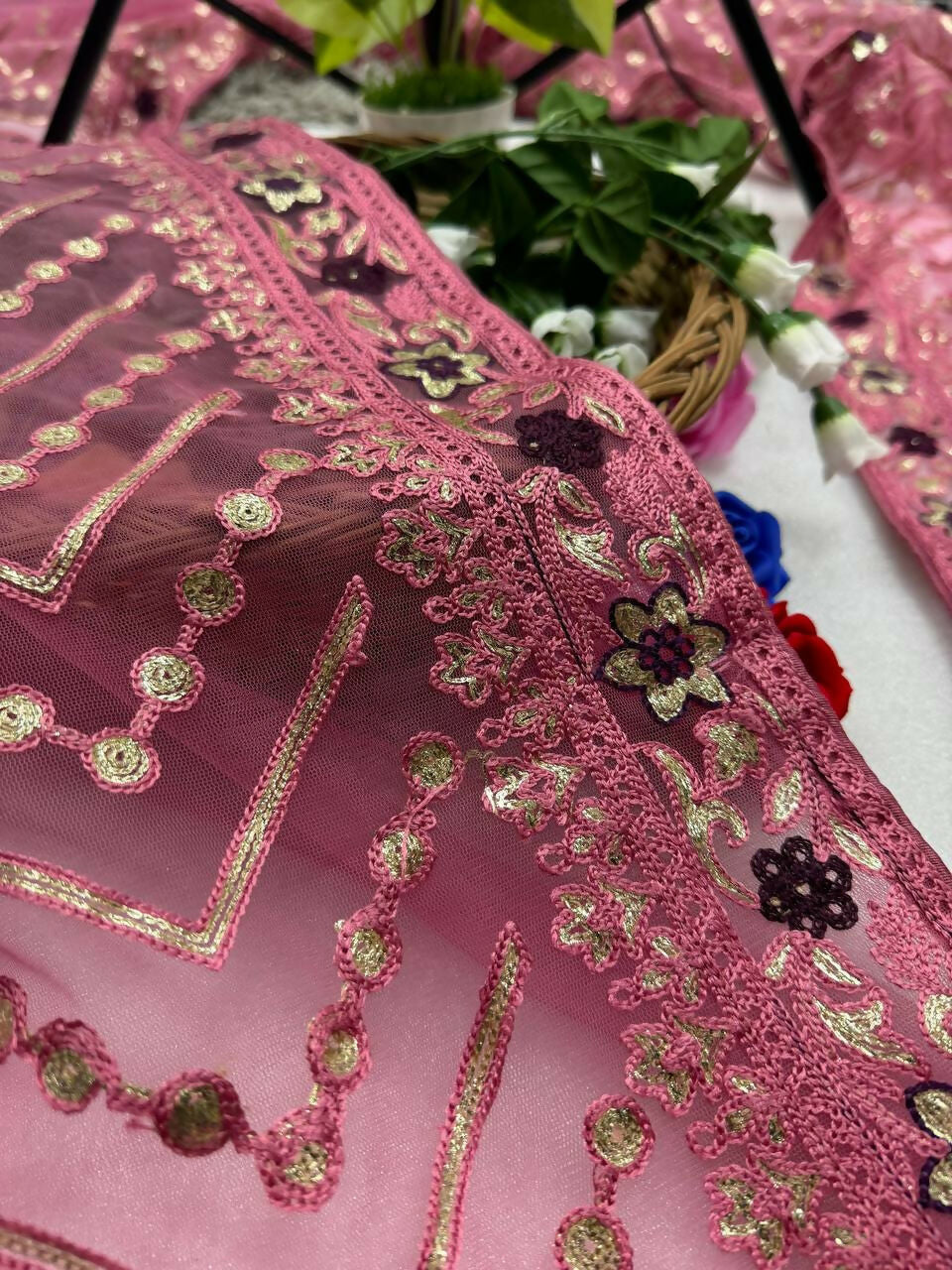 Vastranavya Butterfly Net Designer Chain Stitch Embroidery Work with Foil Thread & Stone Work Saree with Blouse Material - Pink | Grocsy