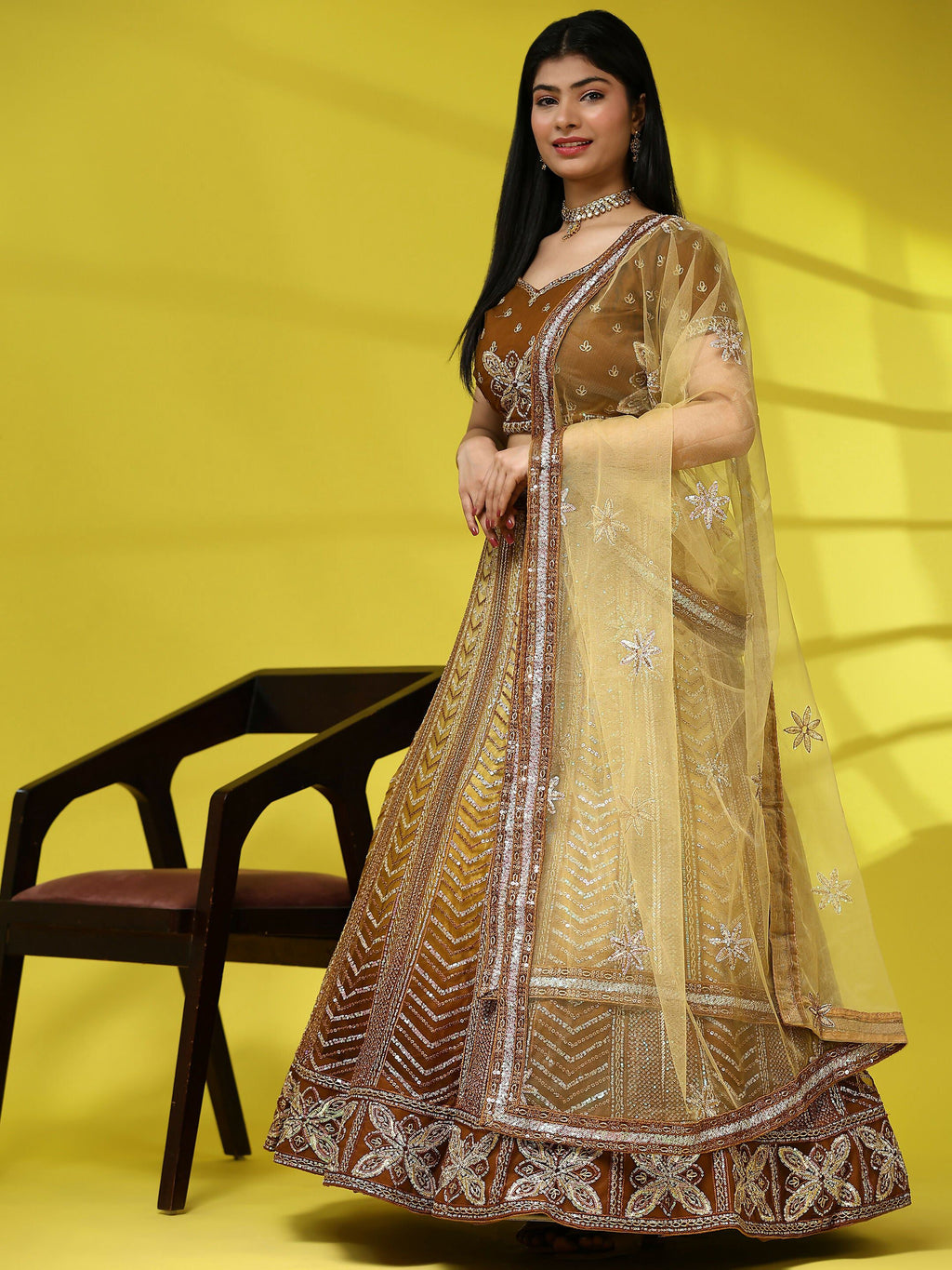 Brown Fancy Net Sequence Embroidered Lehenga Choli with Dupatta - Dhara | Grocsy