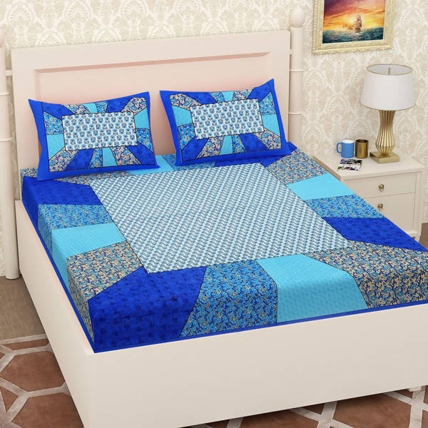 Vamika Printed Cotton Blue & Multicolor Bedsheet With Pillow Covers (LEOC_CHOK_B) | Grocsy