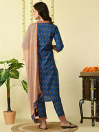 Myshka Women's Blue Pure Cotton Kurta & Trousers With Dupatta Party Sets | Grocsy