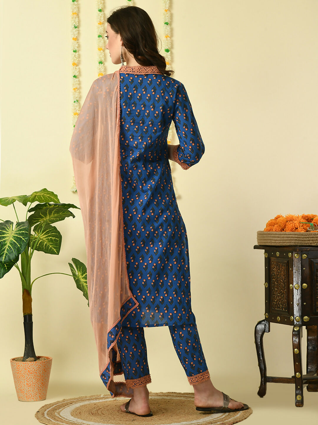 Myshka Women's Blue Pure Cotton Kurta & Trousers With Dupatta Party Sets | Grocsy