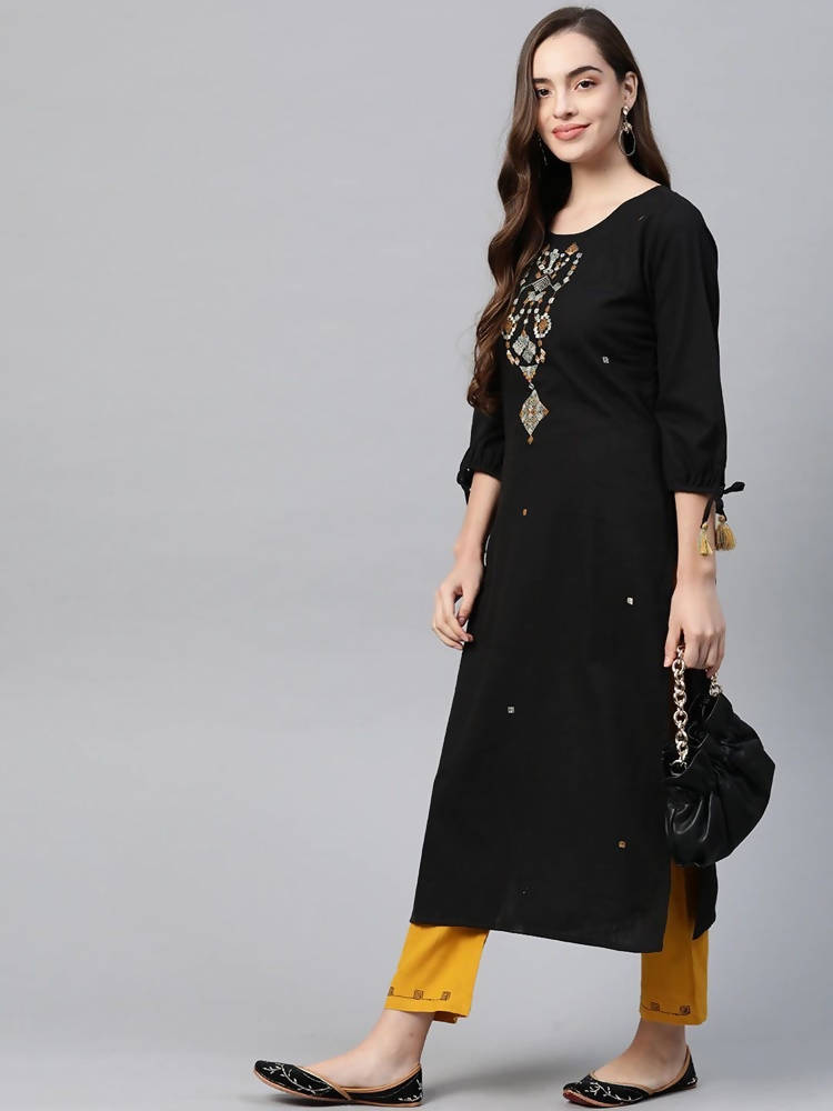 Yufta Women Black Ethnic Motifs Embroidered Pure Cotton Kurta with Trouser | Grocsy