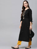 Yufta Women Black Ethnic Motifs Embroidered Pure Cotton Kurta with Trouser | Grocsy