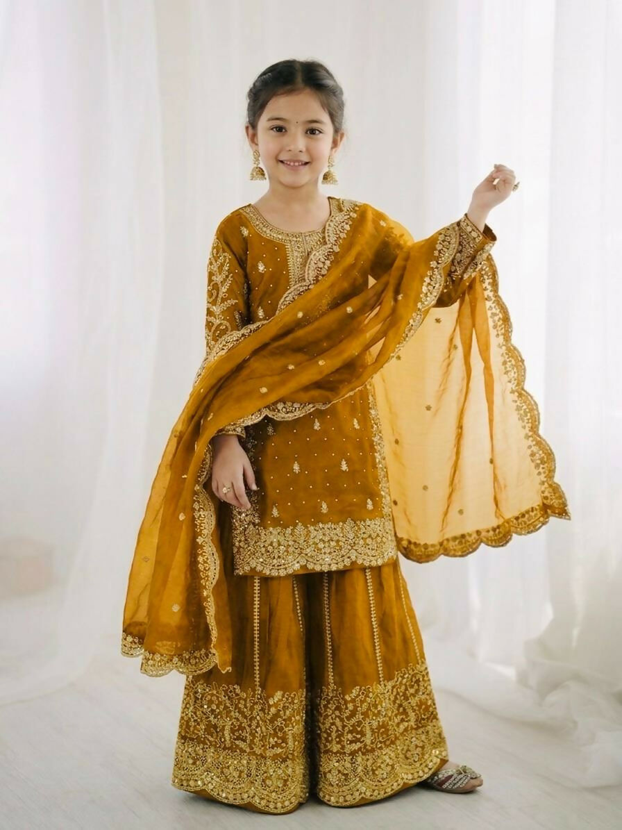 Teeya Creation New Trendy Fully Stitched Ready to Wear Kids Kurta Palazzo Set-Yellow | Grocsy