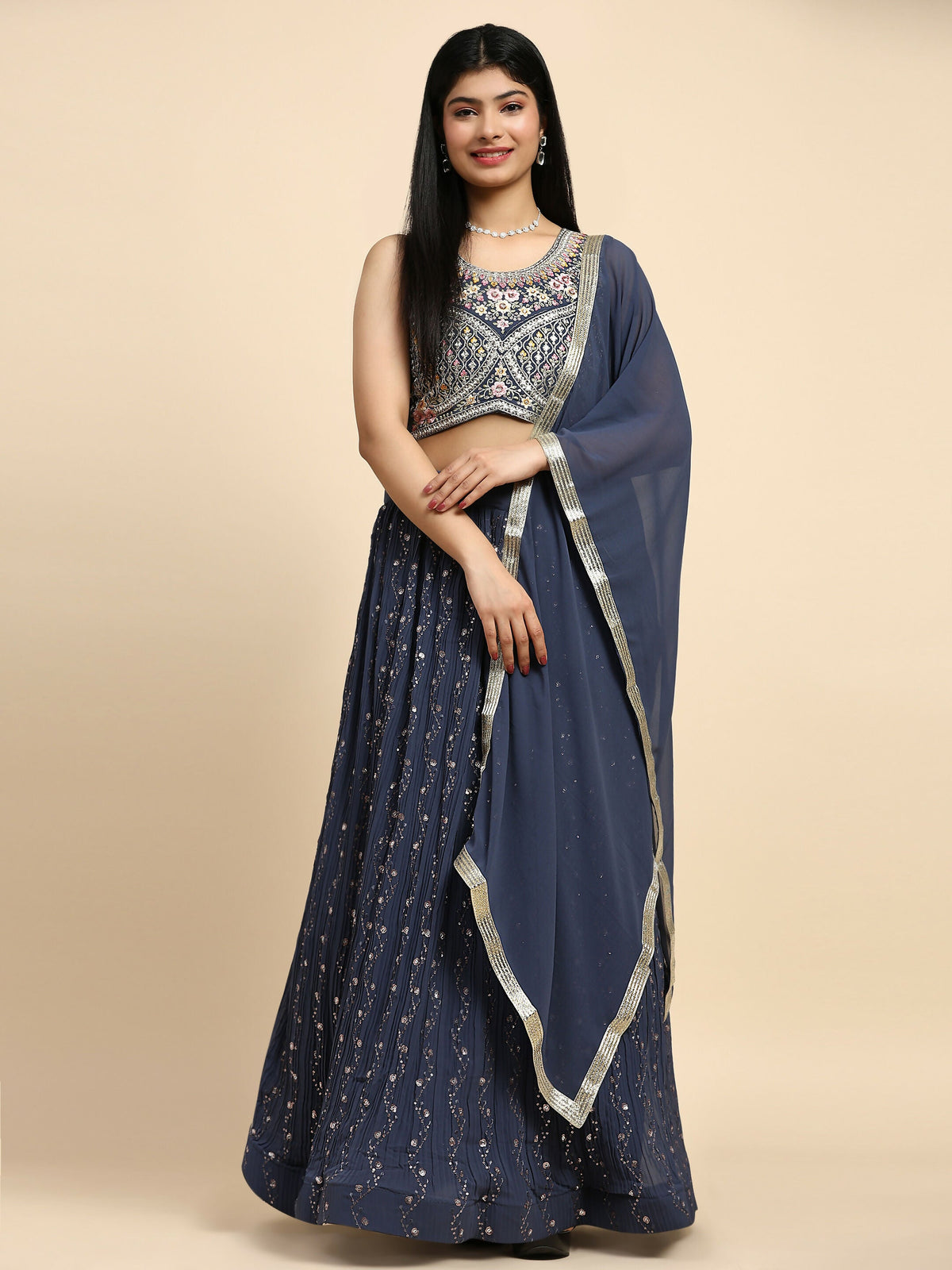Dark Grey Georgette Embroidered Lehenga choli with Dupatta - Dhara | Grocsy