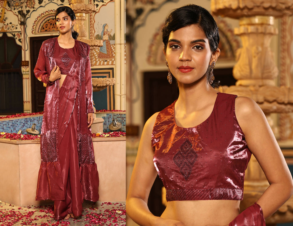 Maroon Tom Silk Plain Ready To Wear Saree With Stitched Blouse - Satiksha | Grocsy