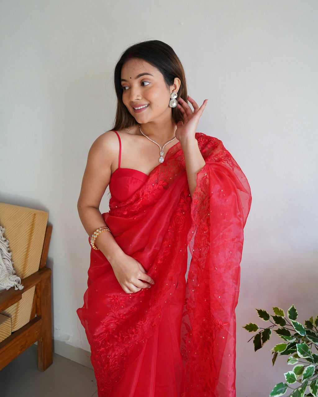 Vamsee Anushka Red Organza Saree | Grocsy