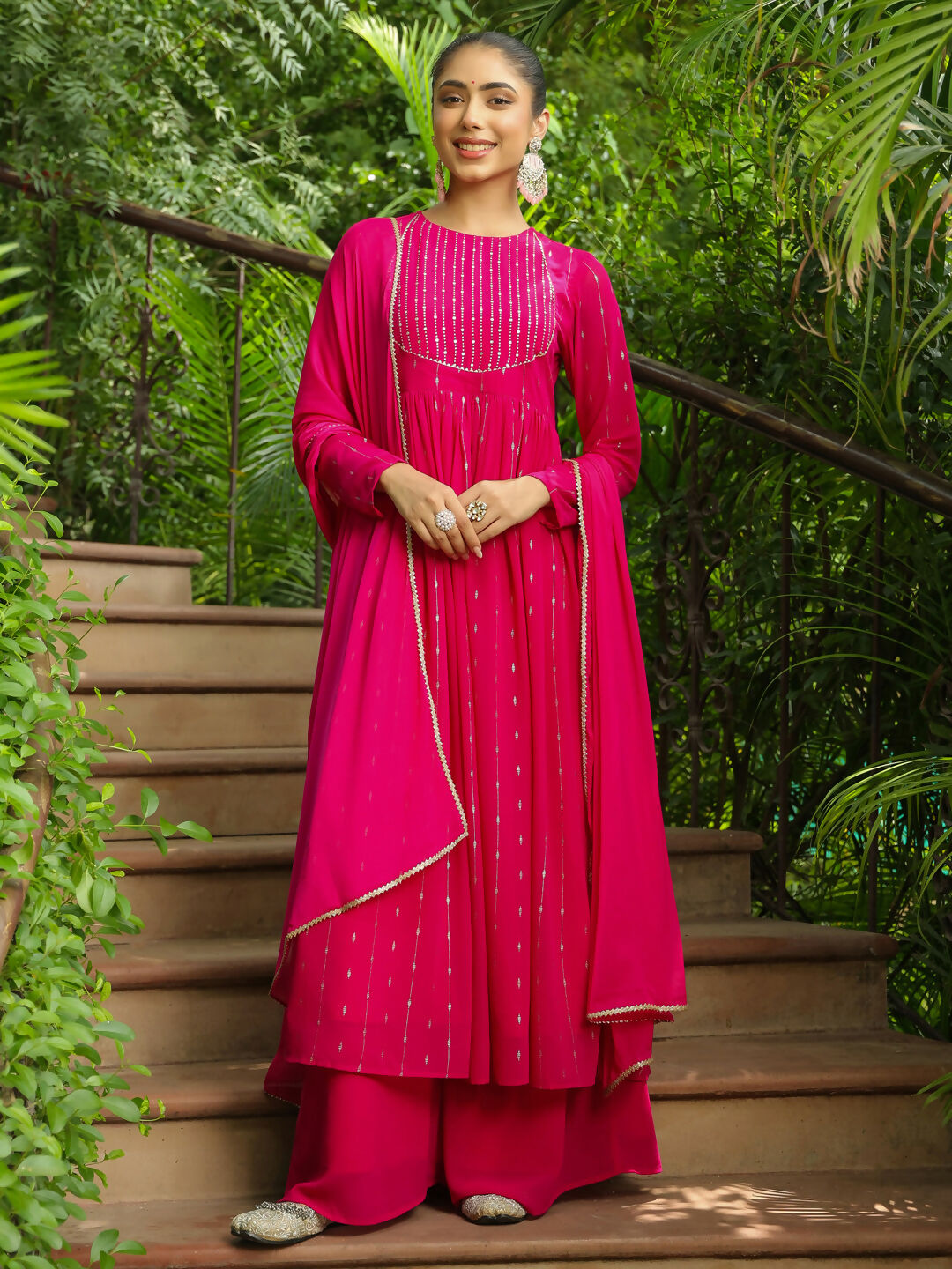 Janasya Pink Georgette Foil Print Kurta,Bottom & Dupatta | Grocsy