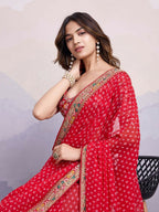 Red Georgette Bandhani Printed,Embroidery Work Saree - Surkhi | Grocsy