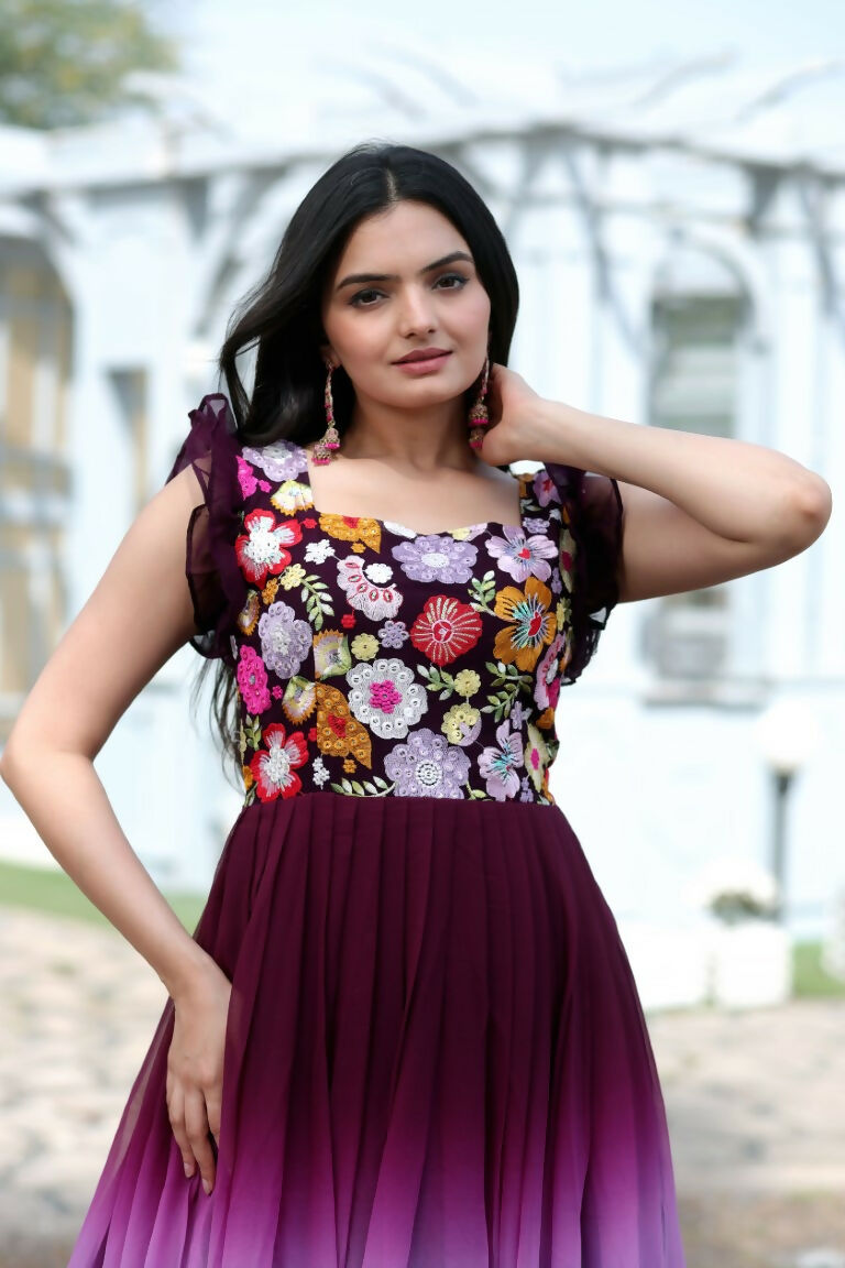 Jyoti Fashion Women's Wine Sequins Embroidery Faux Blooming Anarkali Dress | Grocsy