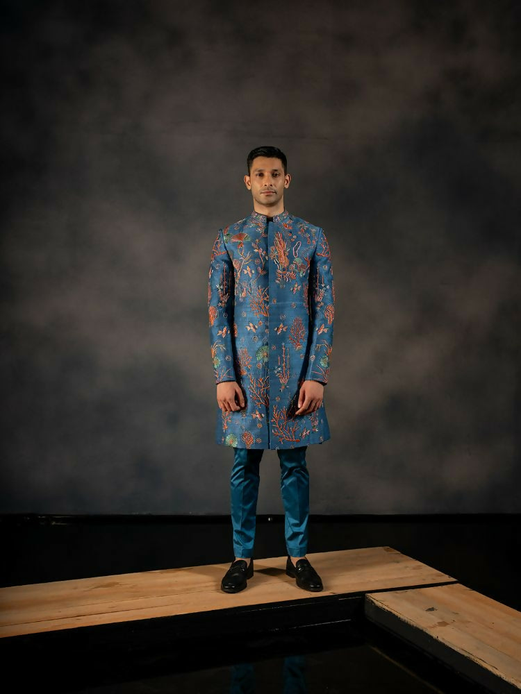 Navy Blue Coral Voyage Hand Embroidered Indowestern Sherwani by Hilo Design | Grocsy